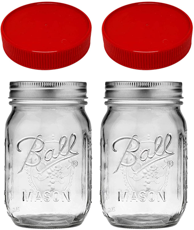 Mason Jars 16 oz with Plastic Mason Jar Lids (BPA Free) Pint Mason Jars Regular Mouth (set of 2 - Red) by Jarming Collections