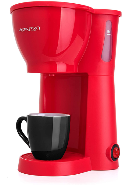 Mixpresso Mini Compact Drip coffee Maker With Brewing Basket, Red Small Coffee Pot, One Cup Brew, Gift For Men And Women (10.5oz)