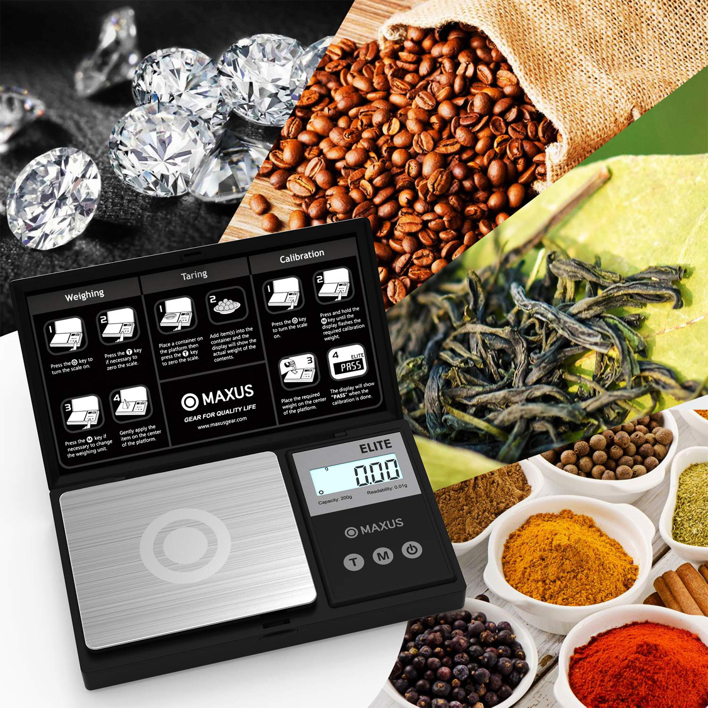 Precision Pocket Scale 200g x 0.01g, MAXUS Elite Digital Gram Scale Small Herb Scale Mini Food Scale Jewelry Scale Ounces/ Grains Scale, Easy to Carry, Great for Travel ,Backlit LCD, Stainless Steel