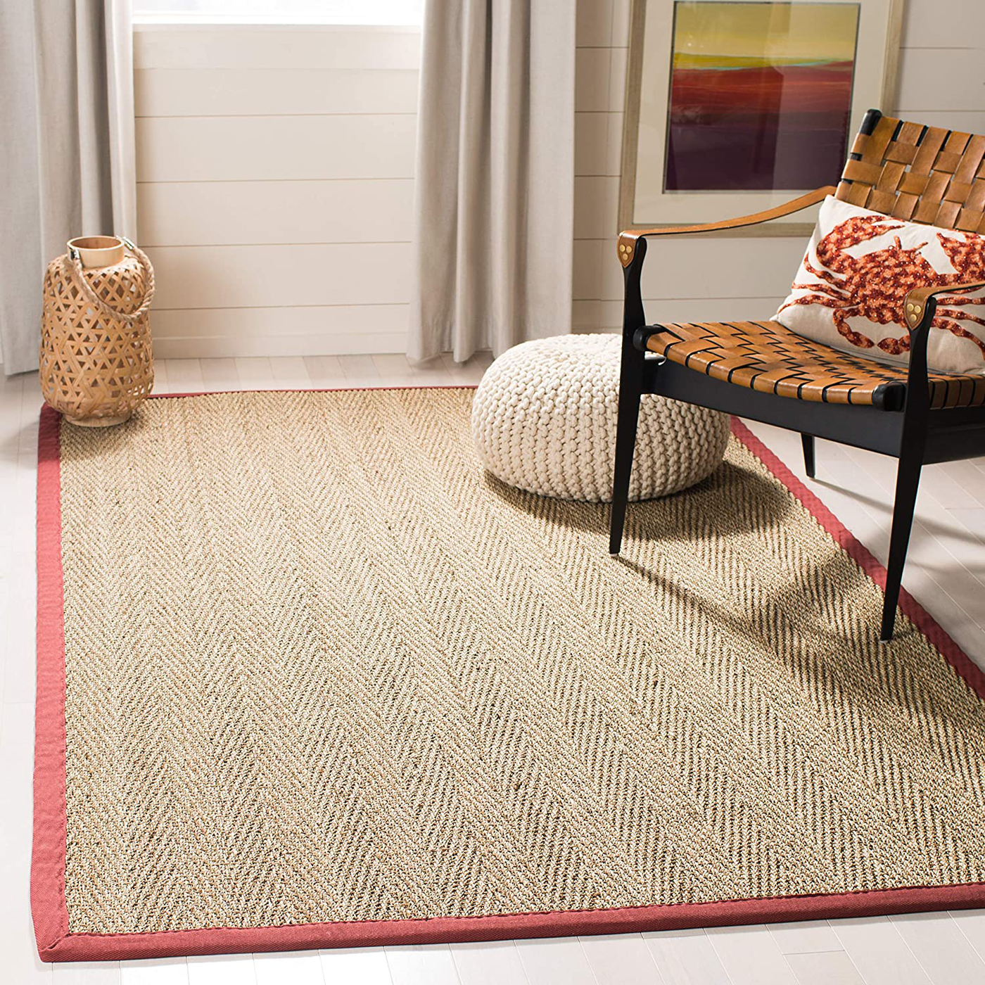 Safavieh Natural Fiber Collection NF115D Border Herringbone Seagrass Area Rug, 4' x 6', Red