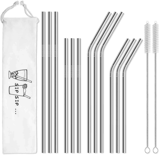 Hiware 12-Pack Reusable Stainless Steel Metal Straws with Case - Long Drinking Straws for 30 oz and 20 oz Tumblers Yeti Dishwasher Safe - 2 Cleaning Brushes Included