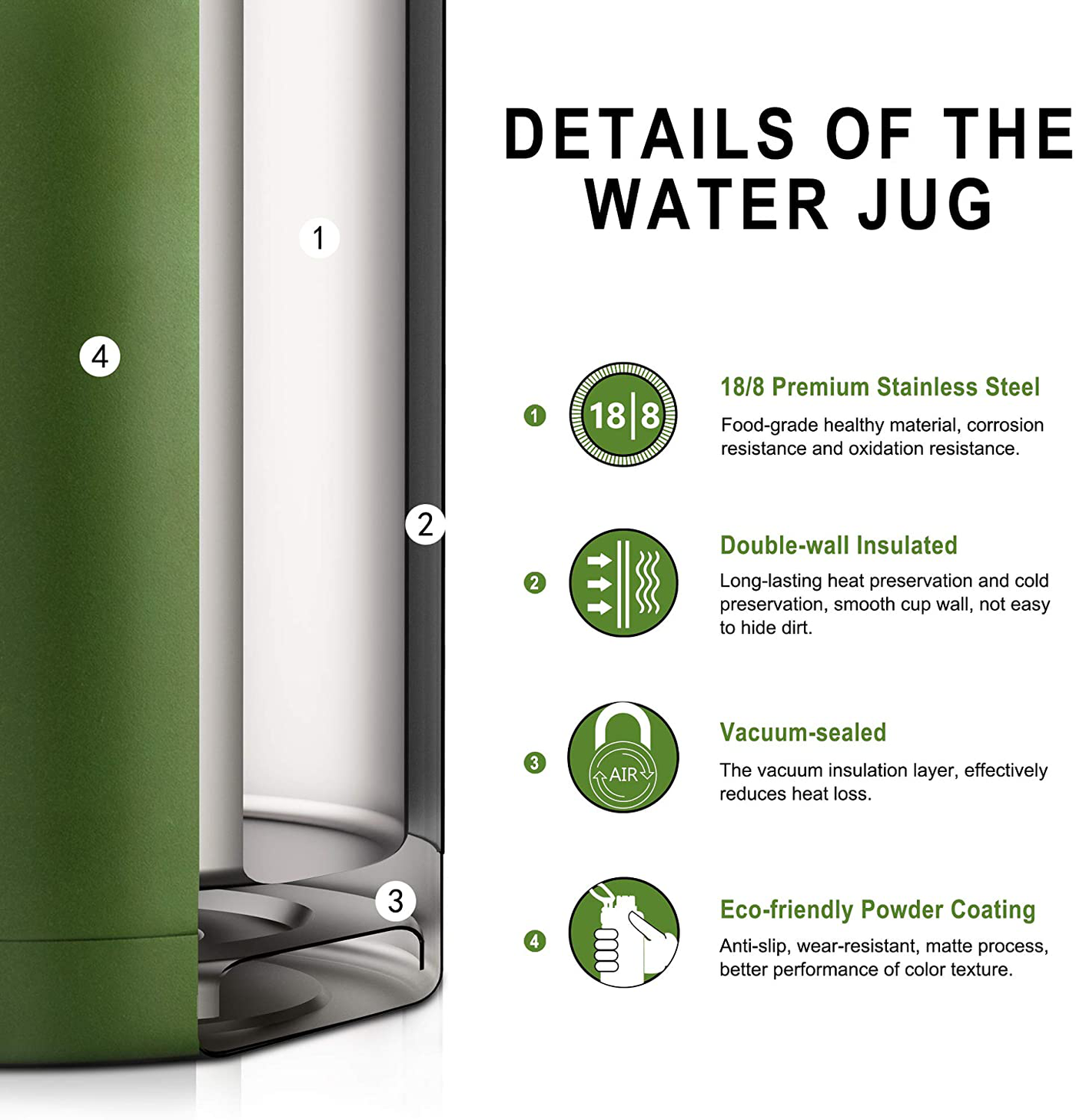 FUNUS Half Gallon Insulated Water Bottle64 oz Vacuum Stainless Steel Water Jug for Men Women Sports Fitness Outdoor Travel Camping Workout (Army Green)