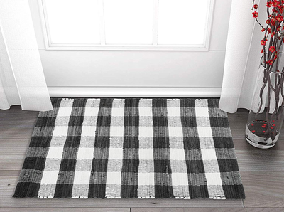 GLAMBURG Cotton Reversible Area Rug 3' x 5' Farmhouse Floor Mat, Handwoven Washable Carpet Checkered Plaid Rug for Front Porch Living Room Kitchen Bedroom - Blue White