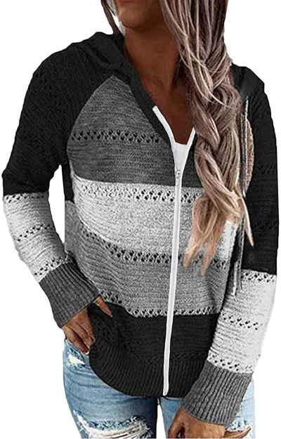 MAYFASEY Women's Color Block Striped Hoodies Sweater Long Sleeve Casual Loose Knitted Pullover Sweatshirt Tops