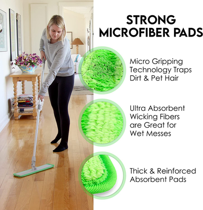 Turbo Microfiber Mop Floor Cleaning System - 18-inch Sweeper with 4 Reusable Pads and 360-Spin Mop Head with Extendable Handle - Household Cleaning Supplies and Tools