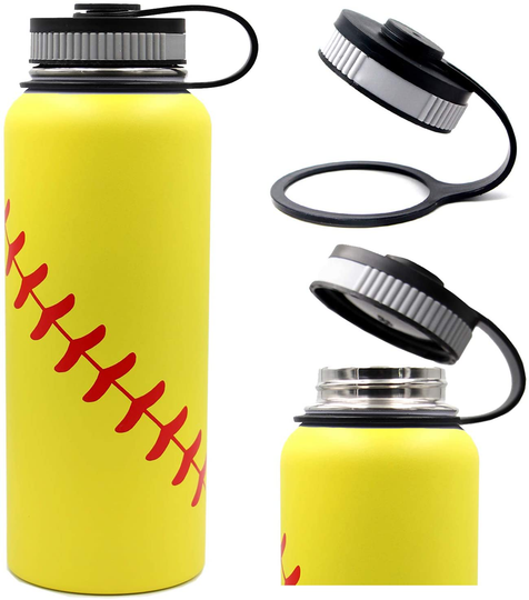 40 oz Softball Baseball Water Bottle, Flask Sports with 2 Lids 18/8 Stainless Steel Tumbler Double Wall Vacuum Insulated Hot/Cold (40oz, Yellow Softball)