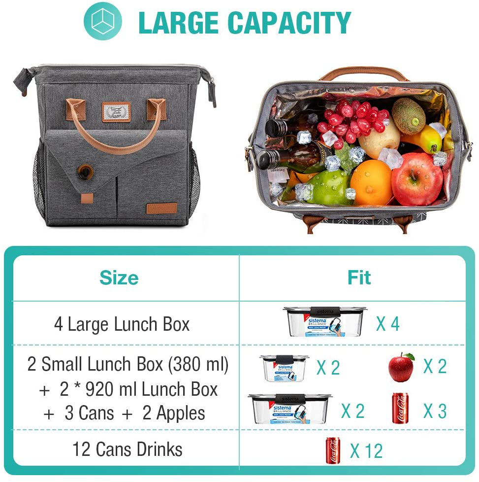 Lekesky Insulated Lunch Bag for Women Leakproof Wide Open Lunch Box Reusable Lunch Cooler Bag for Adults Work, Black