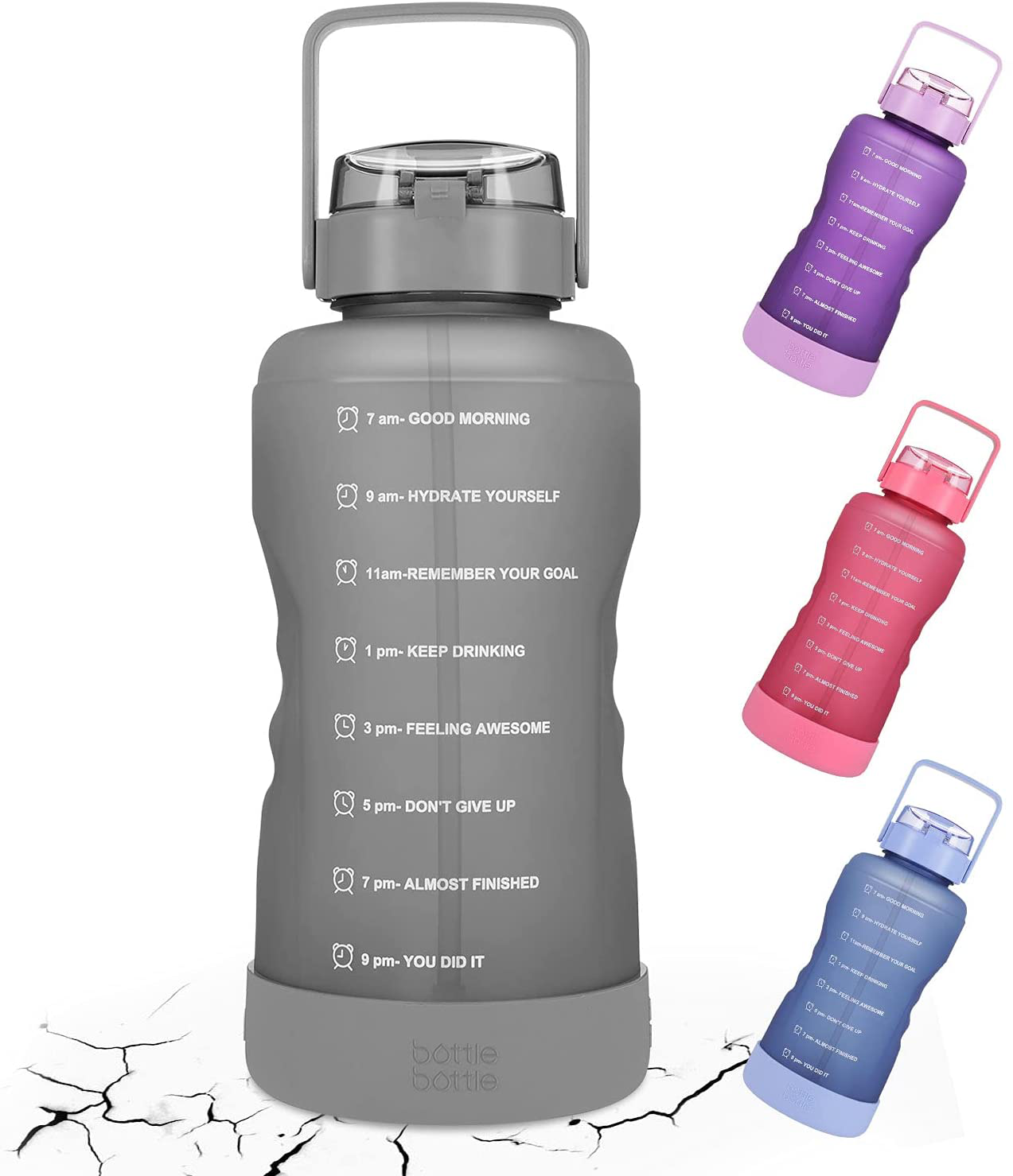 BOTTLE BOTTLE Half Gallon Water Bottle with Time Marker and Straw Workout Leak-proof Water Bottle for Adults and Kids 64oz Water Chug Jug with Protective Silicone Boot (Purple)