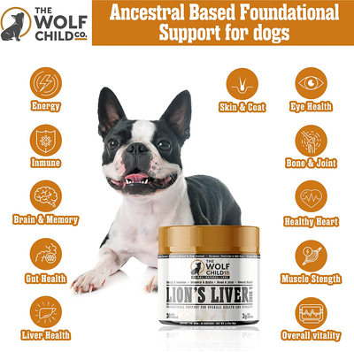 The Wolf Child Co. Lion’s Liver and Bone - Multivitamin Supplement for Dogs - Organic Lion’s Mane Mushroom, Grass-fed Beef Liver & Bone Extract | Energy, Immune, Brain, Bone & Joint | 30 Day Supply