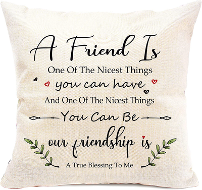 Friendship Gifts, Pillow Cases 18 x 18 with Friend Quotes, Decorative Pillow Covers with Sayings, Personalized White Couch Covers for Home, Cute Birthday Christmas Thank You Presents for Women and Men