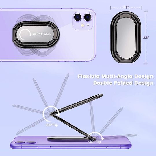 Attom Tech Phone Ring Holder Double-Folded Magnetic Car Mount, 360° Rotation Zinc Alloy Metal Universal Finger Buckle Grip Kickstand Ultra-Thin Vehicle Bracket Cell Phones Smartphones Tablets (Black)