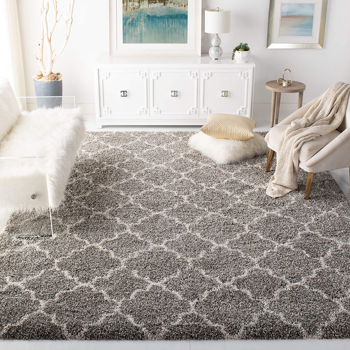 SAFAVIEH Hudson Shag Collection SGH282B Moroccan Trellis Non-Shedding Living Room Bedroom Dining Room Entryway Plush 2-inch Thick Area Rug, 5'3" x 5'3" Square, Grey / Ivory