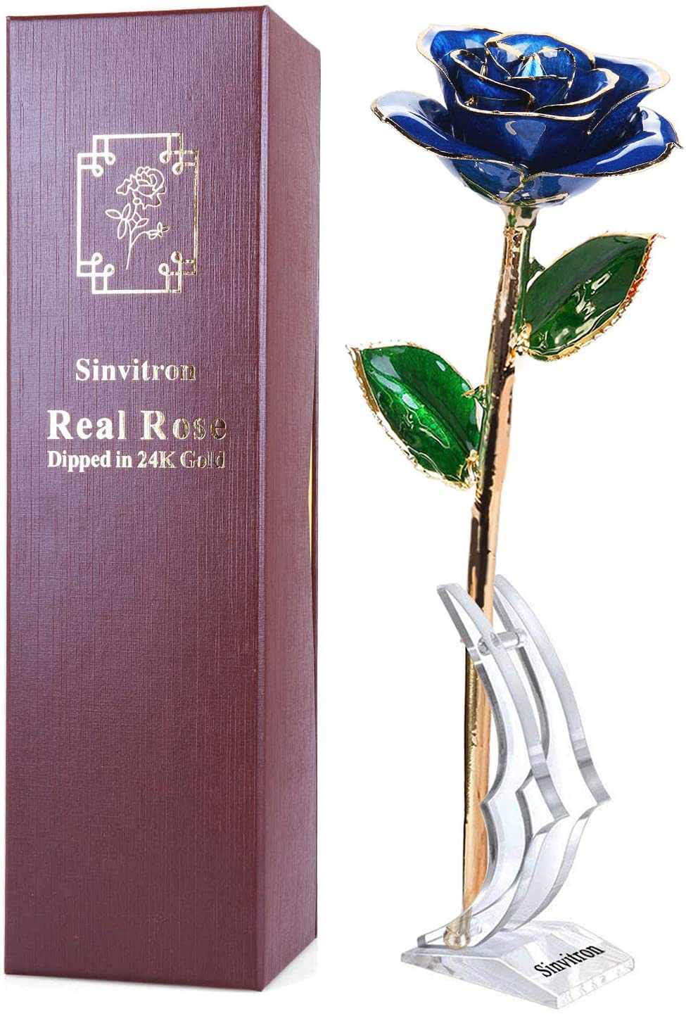 Gold Dipped Rose, Sinvitron Long Stem 24k Gold Dipped Real Rose Lasted Forever with Stand, Best Anniversary Gifts for Her