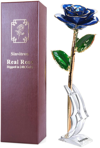 Gold Dipped Rose, Sinvitron Long Stem 24k Gold Dipped Real Rose Lasted Forever with Stand, Best Anniversary Gifts for Her