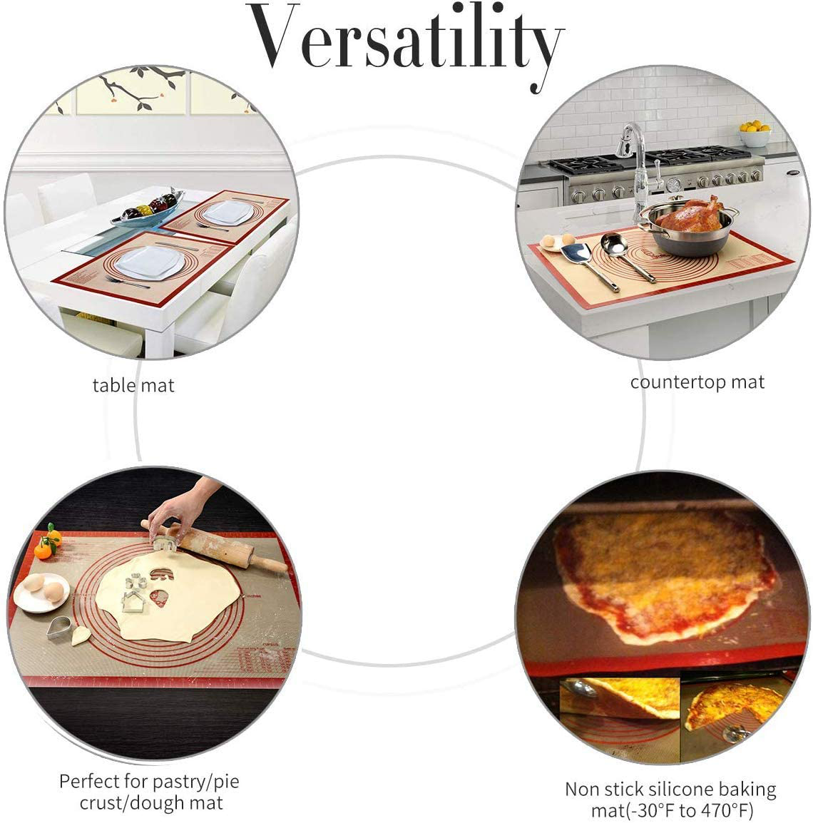 Large Silicone Pastry Baking Mat with Measurements,16 x 26 Inch Silicone Fondant Sheet, Non-Slip Mat Sticks to Countertop for Rolling Dough ，Pie and Baking Mat By Folksy Super Kitchen (16x26, Red)