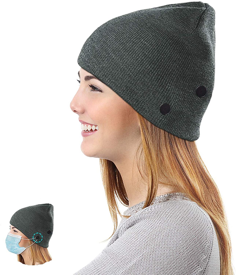 Winter Beanie Hat for Women Men, Stretchy Knit Hat with 4 Buttons to Hold Mask, Skull Caps, Mask Hat