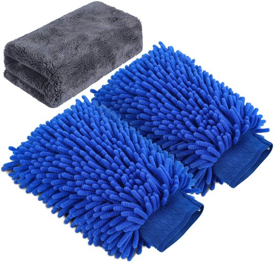 AUTODECO 3pcs Car Wash Cleaning Tools Kit Chenille Microfiber Waterproof Wash Mitt Extra Large Size Wash Glove with Highly Absorbent Drying Cleaning Towel Lint Free Scratch Free - 2 Mitt & 1 Towel