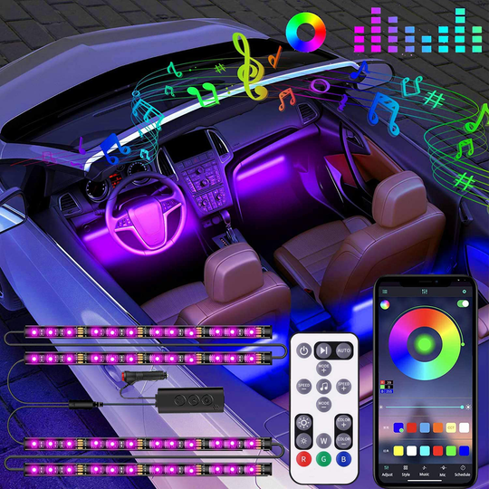 RGB Interior Car Lights, 2-in-1 Design 4pcs 48 LED App Control, Remote Control, Music Mode, DIY Mode, Scene Mode, DC 12V