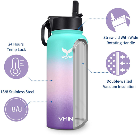 Vmini Water Bottle with New Wide Handle Straw Lid, Wide Mouth Vacuum Insulated 18/8 Stainless Steel, 32 oz, Gradient Mint + Pink + Purple