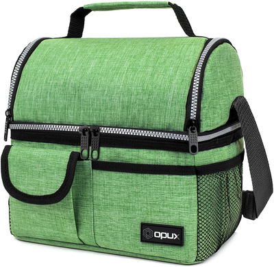 OPUX Insulated Dual Compartment Lunch Bag for Men, Women | Double Deck Reusable Lunch Pail Cooler Bag with Shoulder Strap, Soft Leakproof Liner | Large Lunch Box Tote for Work, School (Green)