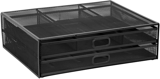 MOUNT-IT! Mesh Computer Monitor Stand Riser [Metal] Desk Organizer with Two Pullout Storage Drawers for Desktop, Laptop, and Printer Accessories and Office Supplies (Black)