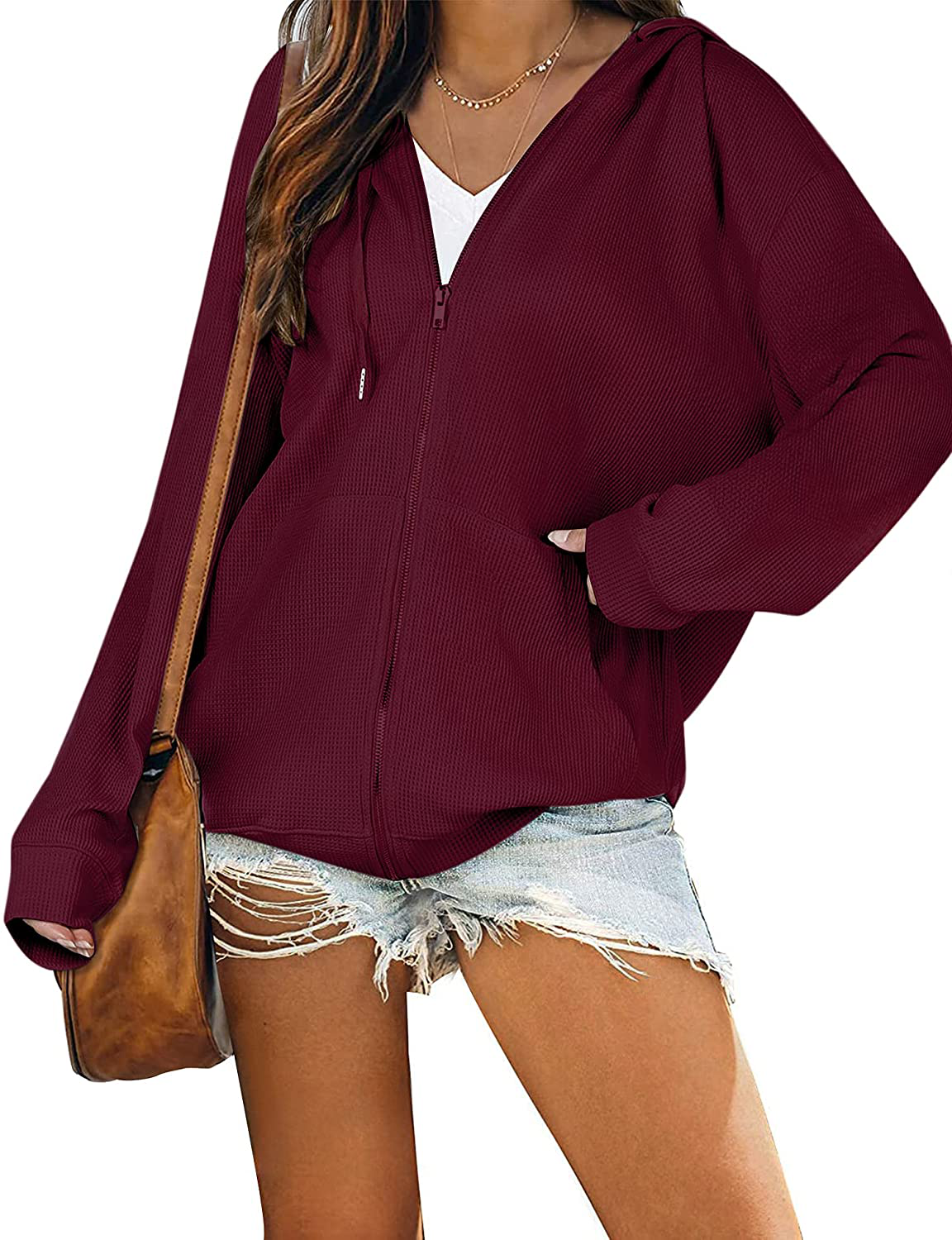 Cowasto Women's Casual Zip Up Hoodie Jacket Long Sleeve Waffle Hooded Sweatshirt With Pockets