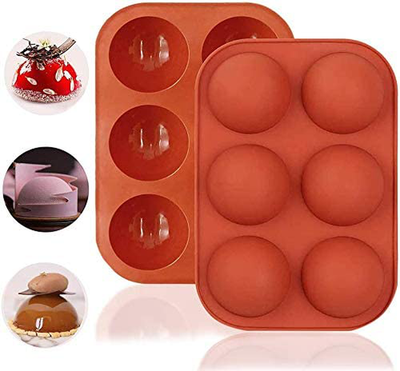 Fairedear 2 packs Large 6 Holes Semi Sphere Silicone Mold Baking Mold for Making Hot Chocolate Bomb, Cake Jelly, Dome Mousse Free Cupcake Baking Pan Brown