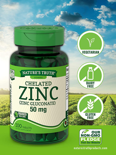 Nature's Truth Chelated Zinc 50mg | 100 Tablets | Essential Mineral Supplement | from Zinc Gluconate | Vegetarian, Non-GMO, Gluten Free