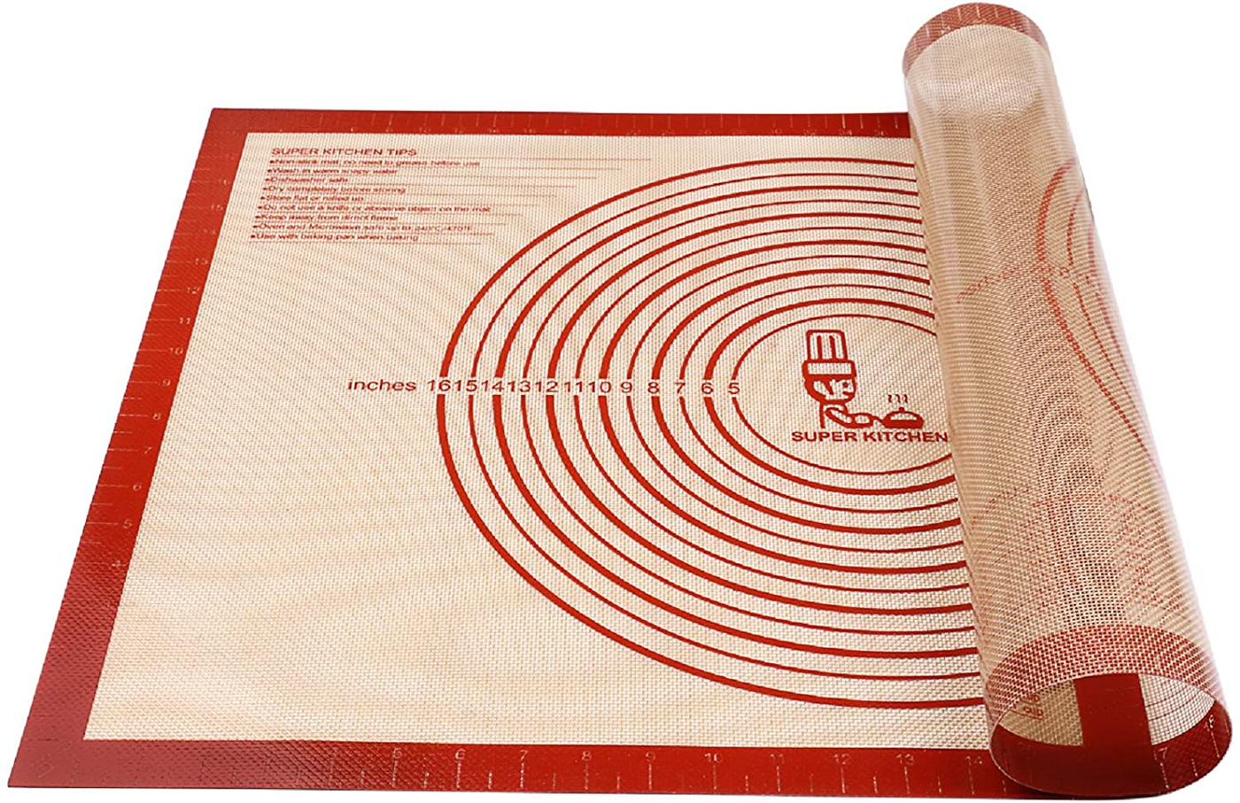 Large Silicone Pastry Baking Mat with Measurements,16 x 26 Inch Silicone Fondant Sheet, Non-Slip Mat Sticks to Countertop for Rolling Dough ，Pie and Baking Mat By Folksy Super Kitchen (16x26, Red)