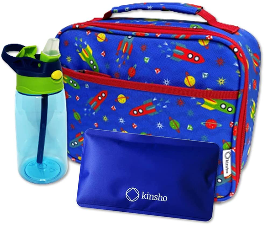 Lunch Box with Water Bottle and Ice Pack Set, Kids Lunch-Bag Set for Toddler Daycare of School, Boys Container for Lunches, Blue Space Rocket