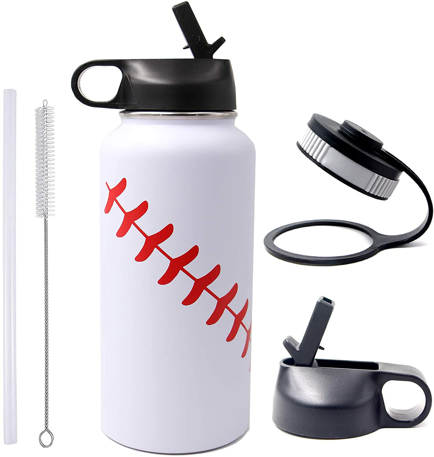 40 oz Softball Baseball Water Bottle, Flask Sports with 2 Lids 18/8 Stainless Steel Tumbler Double Wall Vacuum Insulated Hot/Cold (40oz, Yellow Softball)