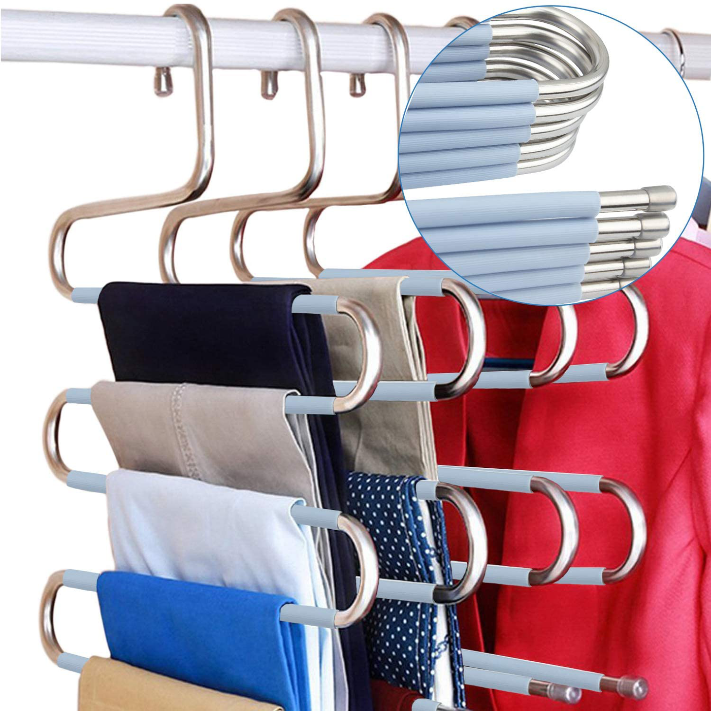 DOIOWN S-Type Stainless Steel Clothes Pants Hangers Closet Storage Organizer for Pants Jeans Scarf Hanging (14.17 x 14.96ins, Set of 3) (5-Pieces-Light Blue(Upgrade Style))