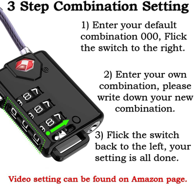 TSA Approved Cable Luggage Locks, Re-settable Combination with Alloy Body
