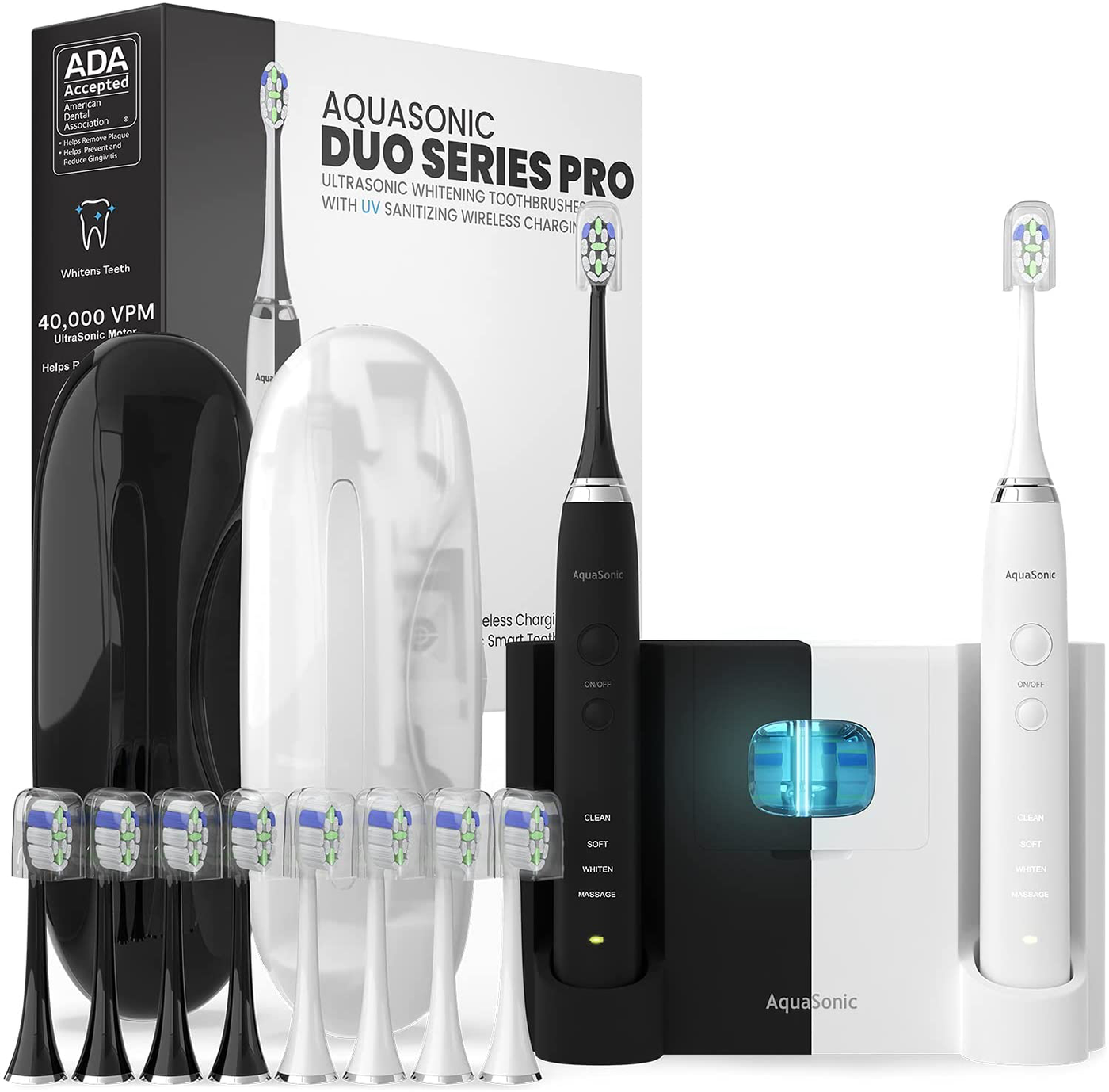 Ultra Whitening 40,000 VPM Electric Smart ToothBrushes 4 Modes with Smart Timers - 10 ProFlex Brush Heads & 2 Travel Cases