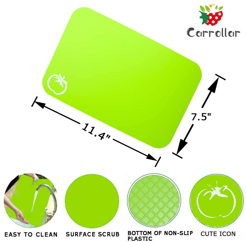 Carrollar Small Flexible Plastic Cutting Board Mats, Colored Mats With Food Icons, BPA-Free, Non-Porous, Gripped Back and Dishwasher Safe, Set of 4 (7.5x11.4inch)