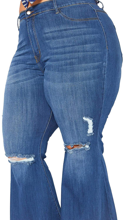 Women's Plus Size Bell Bottom Jeans Elastic Ripped Hole Classic Denim Flare Pants 5XL