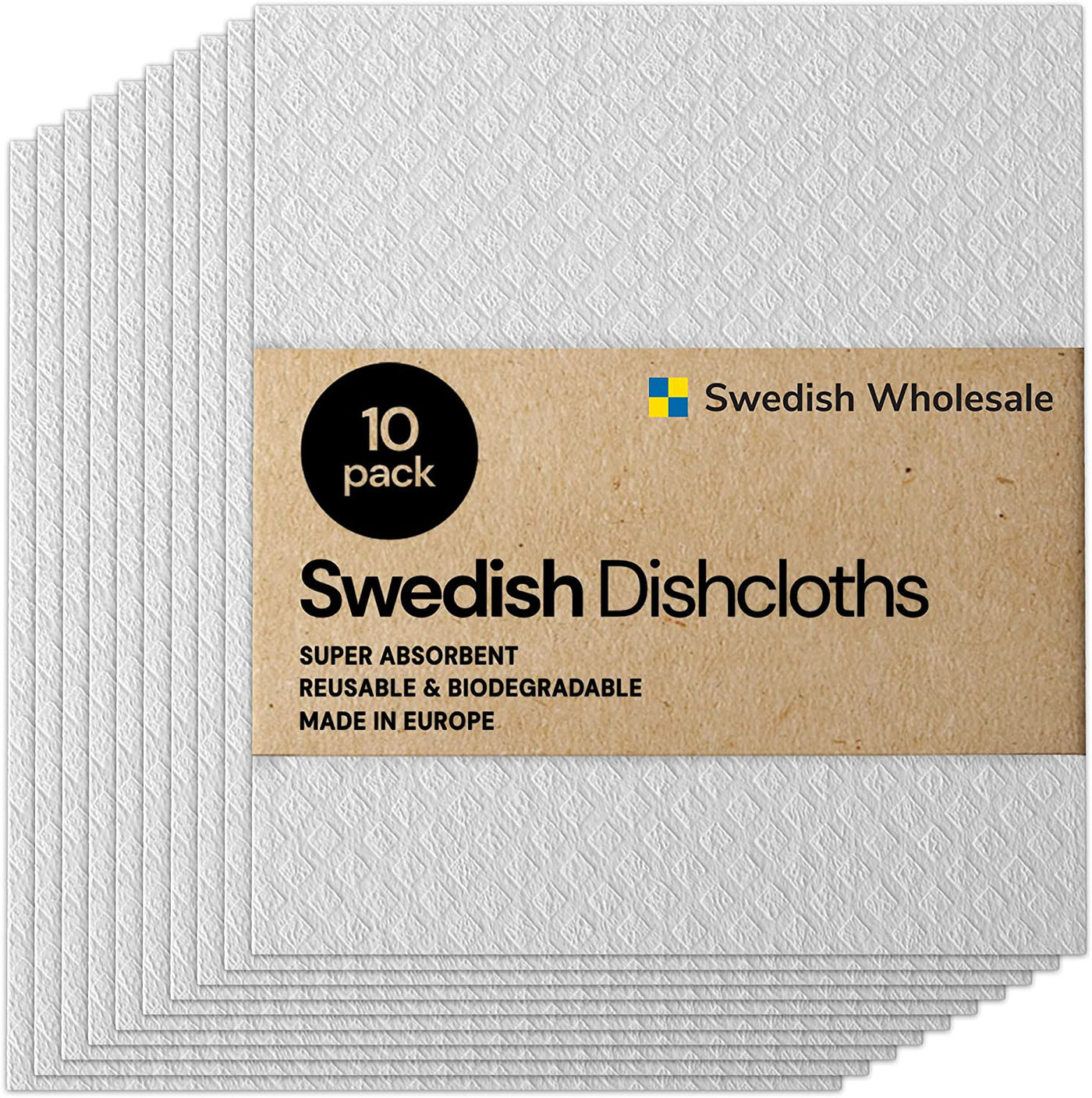 Swedish Wholesale Swedish Dish Cloths - Pack of 10, Reusable, Absorbent Hand Towels for Kitchen, Bathroom and Cleaning Counters - Cellulose Sponge Cloth - White