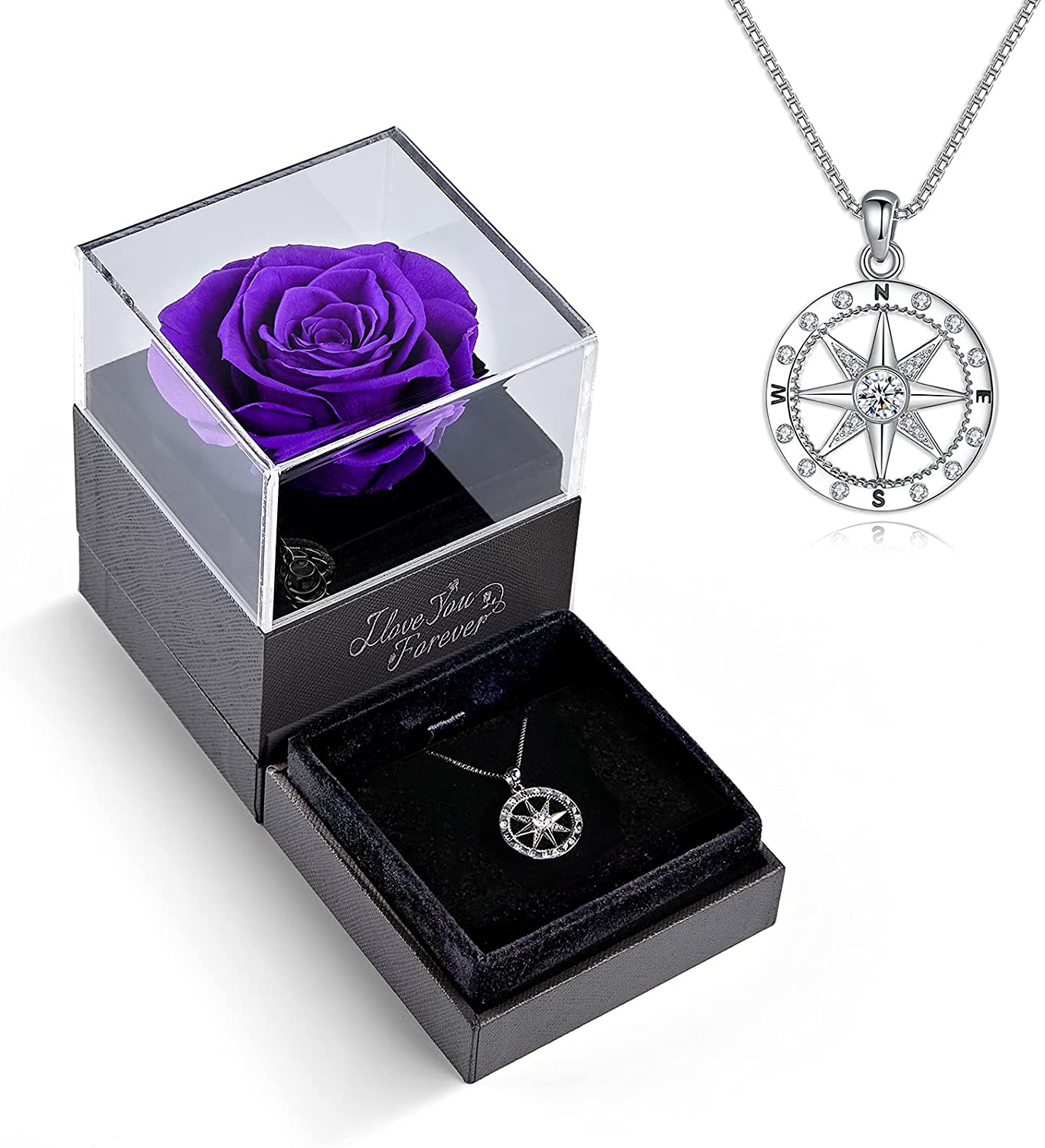 Preserved Rose with I'd be Lost Without You Compass Necklace-Enchanted Real Rose Flower Gifts for Girlfriend Wife Her Mom on Valentine's Day Wedding Anniversary Birthday Gifts for Women Christmas