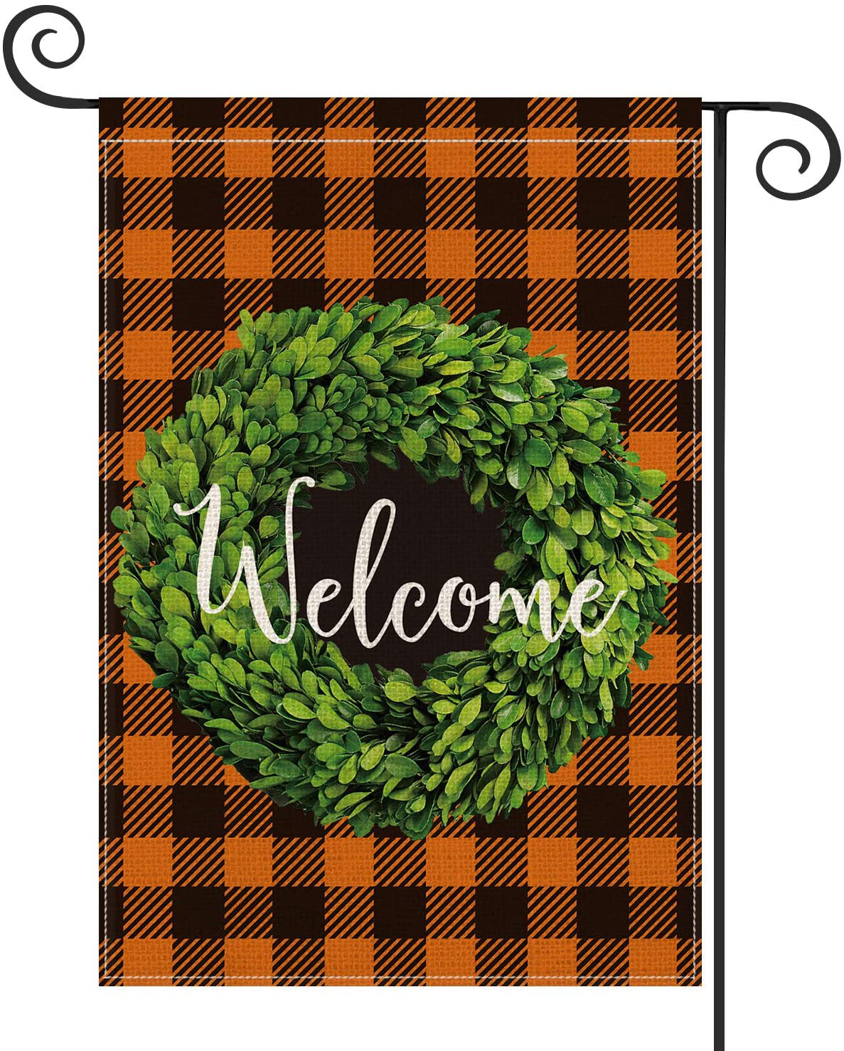 AVOIN Fall Boxwood Wreath Welcome Garden Flag Vertical Double Sided, Buffalo Check Plaid Rustic Farmhouse Flag Yard Outdoor Decoration 12.5 x 18 Inch