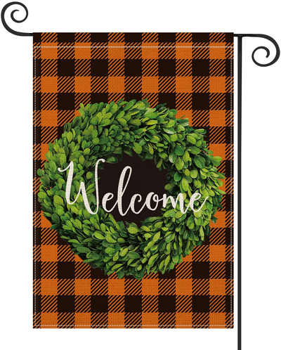 AVOIN Fall Boxwood Wreath Welcome Garden Flag Vertical Double Sided, Buffalo Check Plaid Rustic Farmhouse Flag Yard Outdoor Decoration 12.5 x 18 Inch