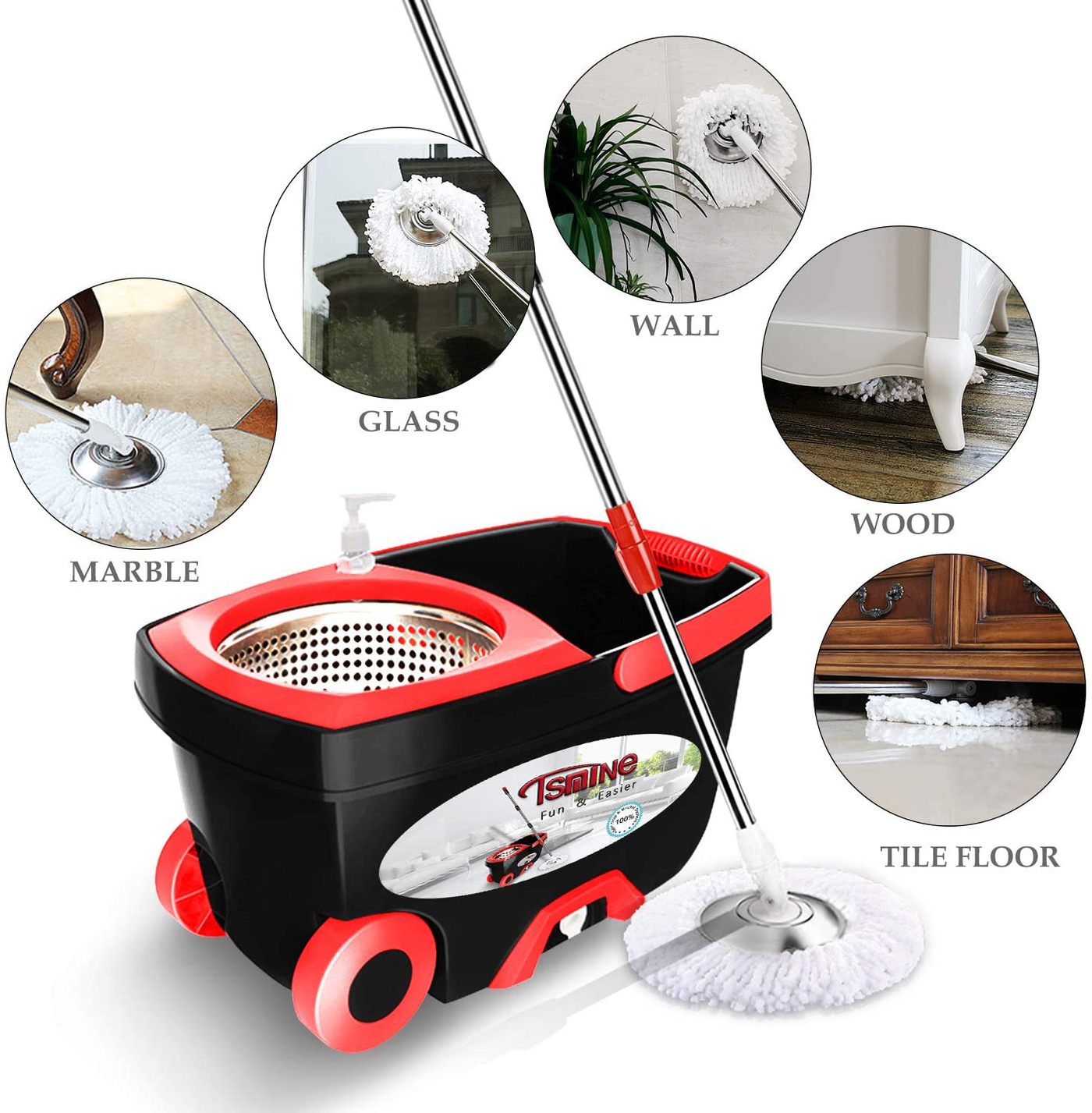 Spin Mop Bucket Floor Cleaning - Tsmine Mop and Bucket with Wringer Set Commercial Spinning Mopping Bucket Cleaning Supplies with 6 Replacement Refills,61" Extended Handle for Household Hardwood Floor