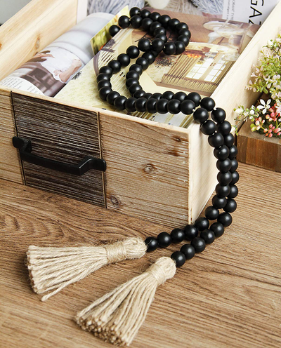 58in Wood Bead Garland with Tassels,Farmhouse Beads Rustic Country Decor Prayer Boho Beads Wall Hanging Decoration (Black)