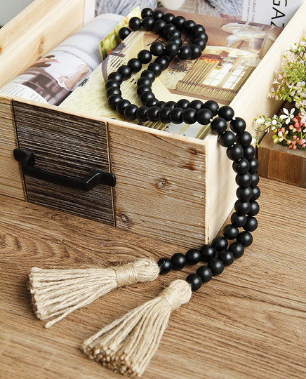 58in Wood Bead Garland with Tassels,Farmhouse Beads Rustic Country Decor Prayer Boho Beads Wall Hanging Decoration (Black)