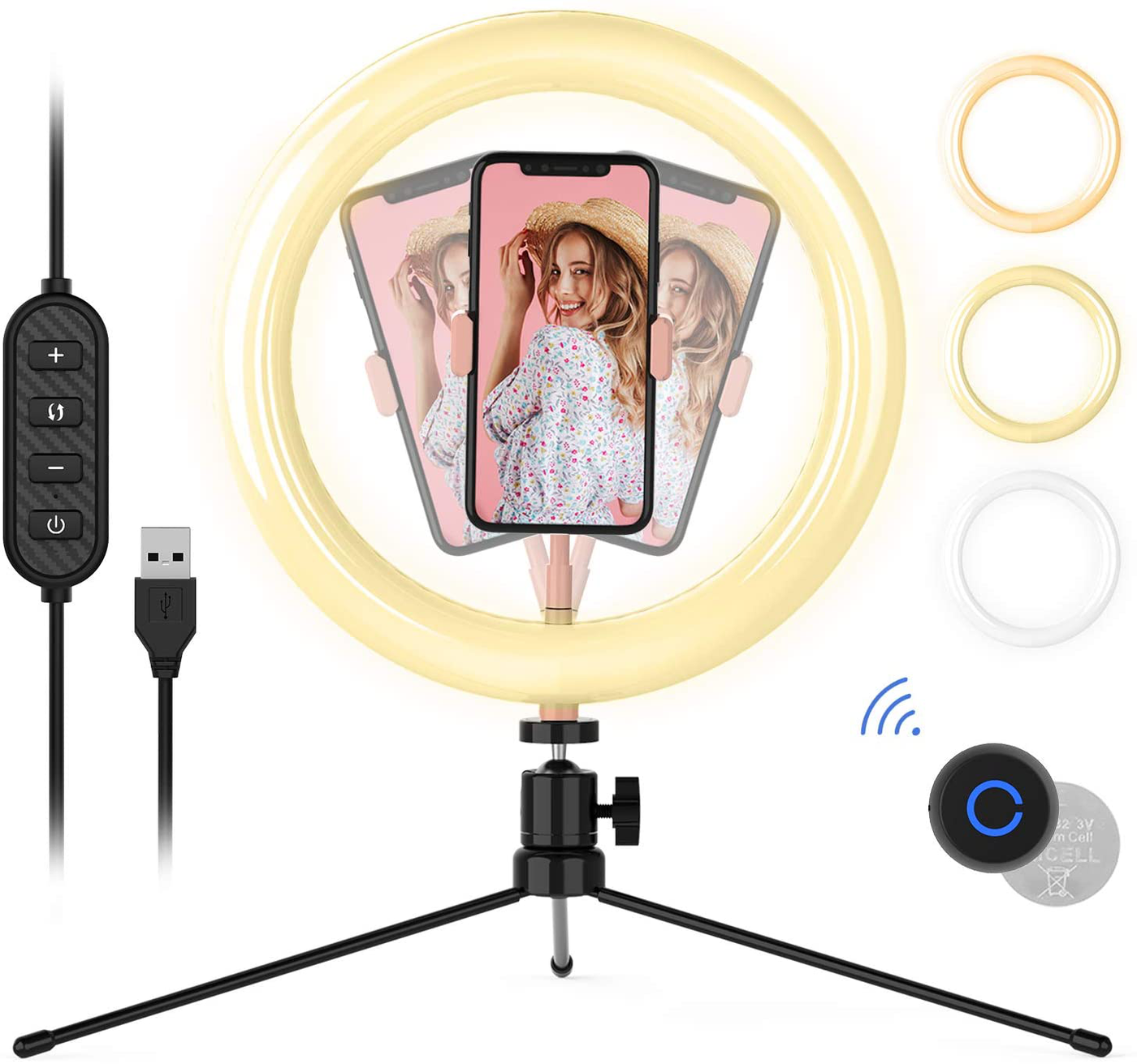 10" LED Ring Light with Tripod Stand & Phone Holder, Upgraded Wireless Shutter, Dimmable Compatible with iOS/Android