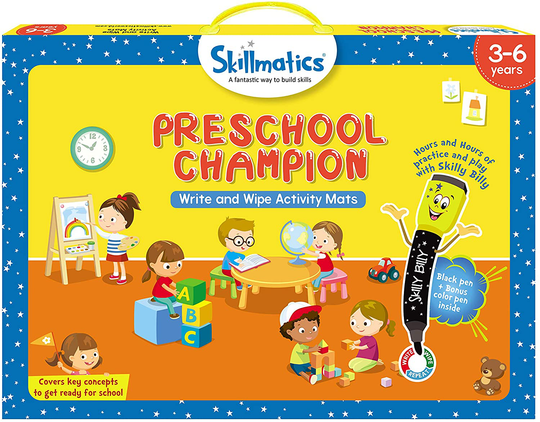 Skillmatics Educational Game: Preschool Champion (3-6 Years) | Erasable and Reusable Activity Mats with 2 Dry Erase Markers | Learning Tools for Boys and Girls 3, 4, 5, 6 Years