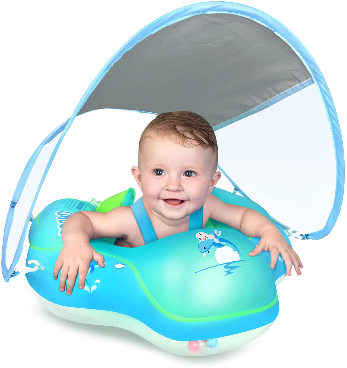 LAYCOL Baby Swimming Float Inflatable Baby Pool Float Ring Newest with Sun Protection Canopy,add Tail no flip Over for Age of 3-36 Months (Orange, L)