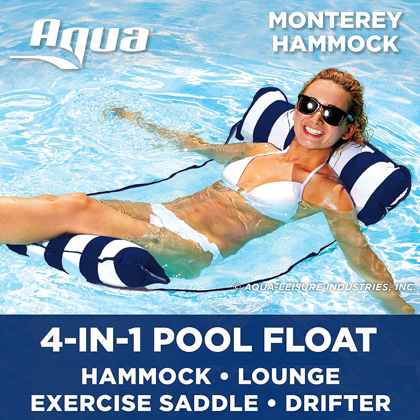 Aqua 4-in-1 Monterey Pool Hammock & Float, 50% Thicker, Patented Non-Stick PVC, Multi-Purpose Water Hammock (Saddle, Chair, Hammock, Drifter) Pool Chair for Adults - Navy
