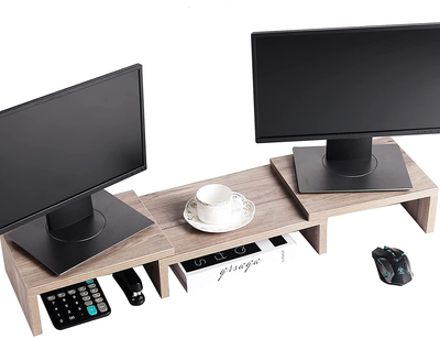 SUPERJARE Monitor Stand Riser, Adjustable Screen Stand for Laptop Computer/TV/PC, Multifunctional Desktop Organizer - Retro Brown