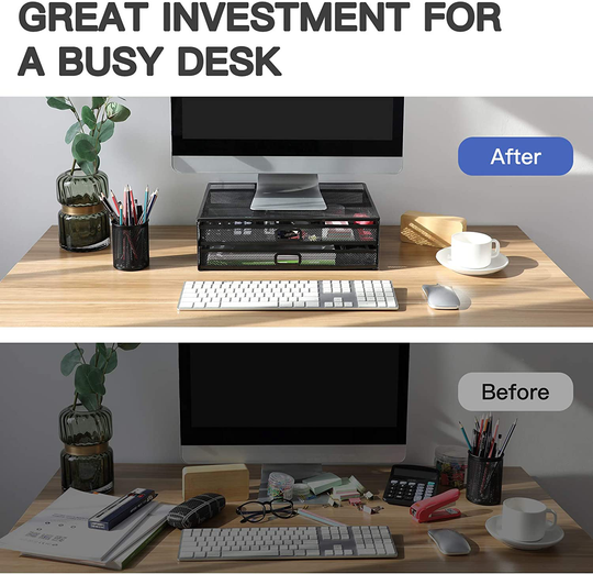 Monitor Stand Riser with Drawer - Mesh Metal Desk Organizer PC, Laptop, Notebook, Printer Holder with Pull Out Storage Drawer by HUANUO