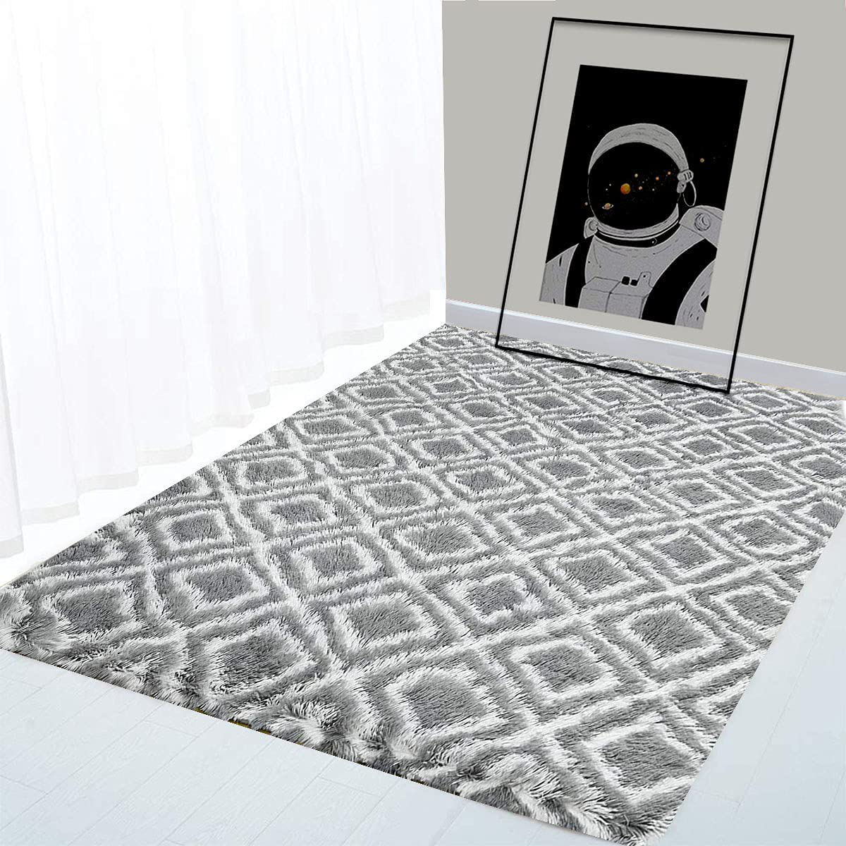 BOYASEN Ultra Soft Indoor Modern Area Rugs Fluffy Living Room Carpets for Children Bedroom Home Decor Nursery Rug (4 x 5 ft, Grey White Square)